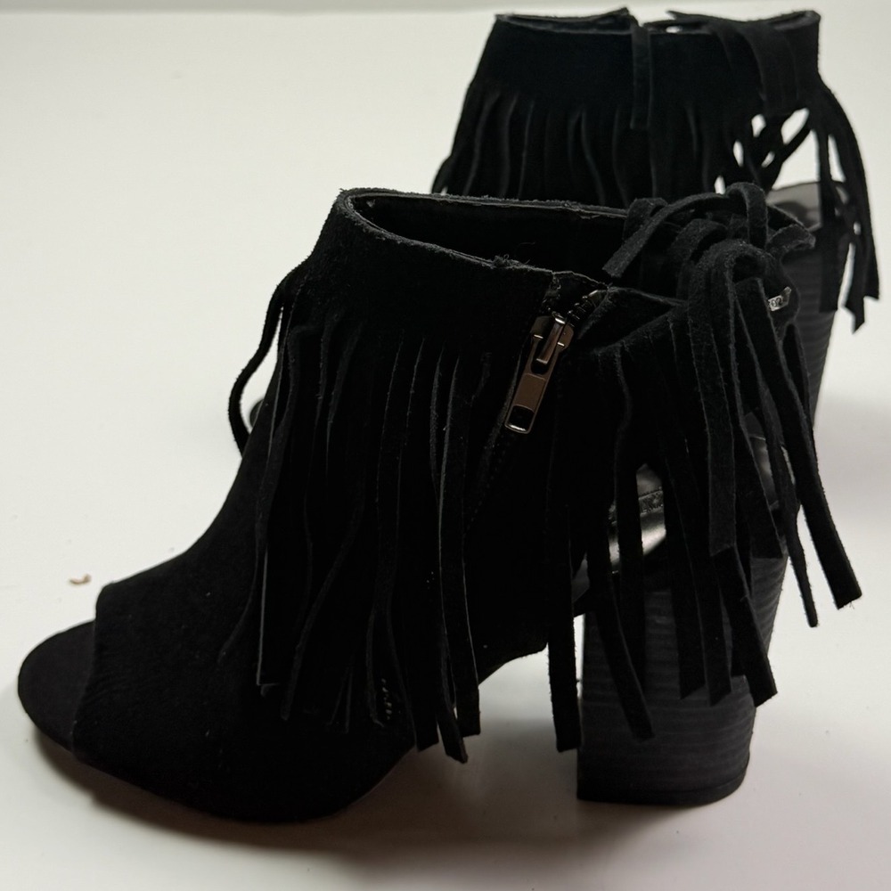 Jasper 2 Black Fringe Peep Toe Ankle Booties Block Heel Suede 8.5M